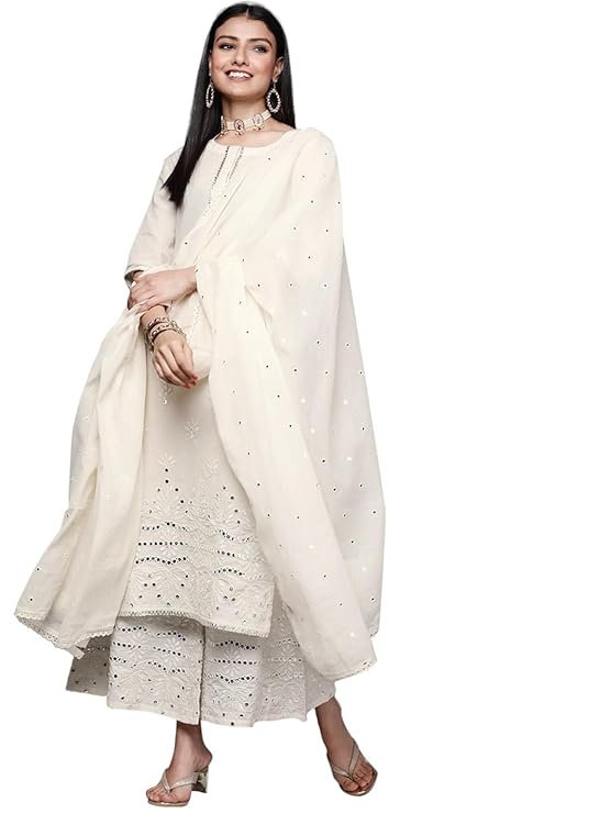 Libas Embroidered Cotton Straight Kurta With Palazzo and Dupatta - Image 2