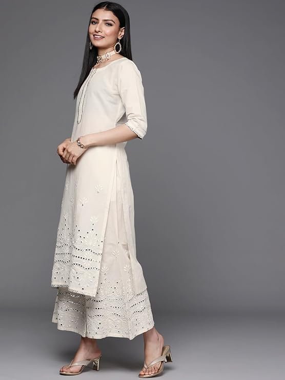 Libas Embroidered Cotton Straight Kurta With Palazzo and Dupatta - Image 3